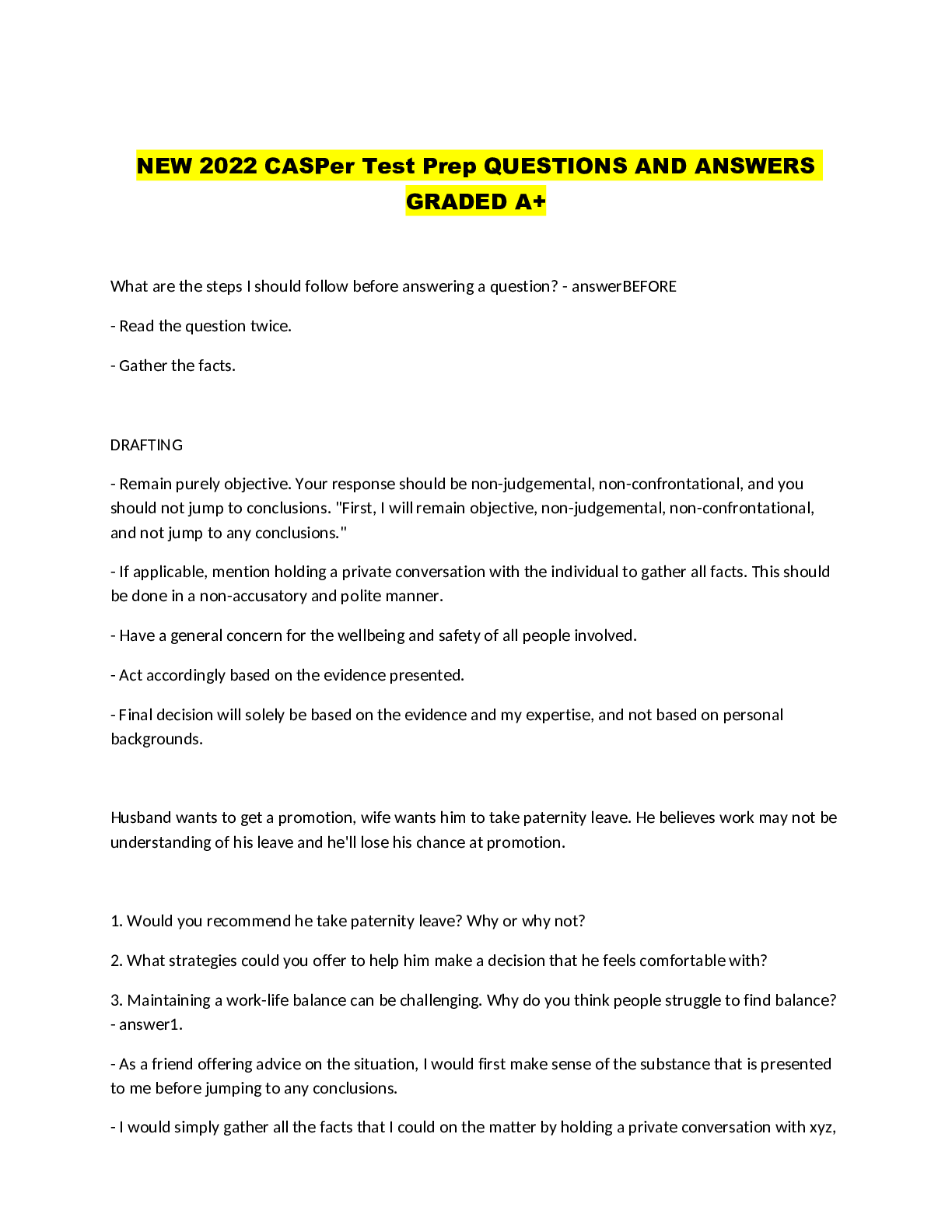 Preview image for NEW 2022 CASPer Test Prep QUESTIONS AND ANSWERS GRADED A+